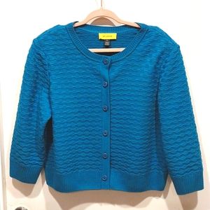 St.John Women's Textured Teal 100% Wool Button Down Cardigan Sweater Size XL